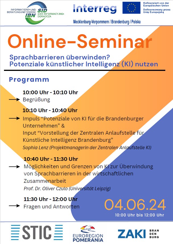 Einladung zum Online-Seminar: „Sprachbarrieren überwinden? - Potenziale künstlicher Intelligenz (KI) nutzen“