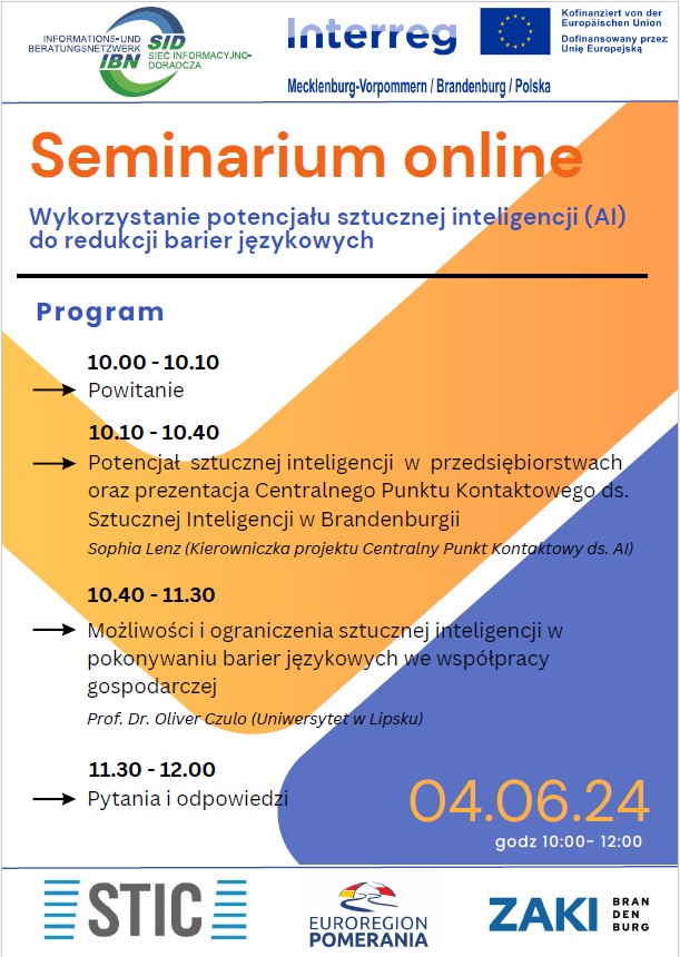 Zaproszenie na seminarium online: „Wykorzystanie potencjału sztucznej inteligencji (AI) do redukcji barier językowych“